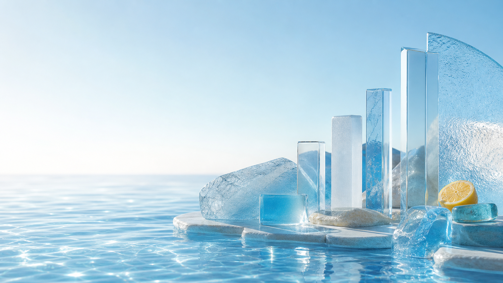 Sunlit glacier-blue glass forms rising from water, representing portable browser memory with clear provenance.