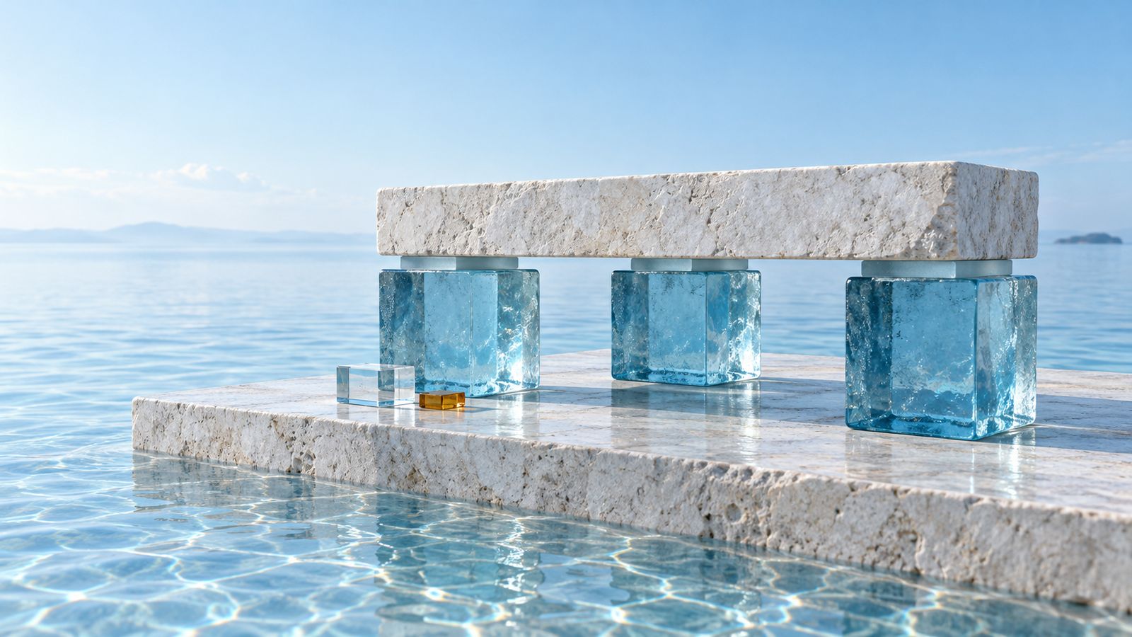Three blue glass supports with fitted pads carry a heavy white stone slab above calm water, beside a clear inspection prism and a small amber tile.