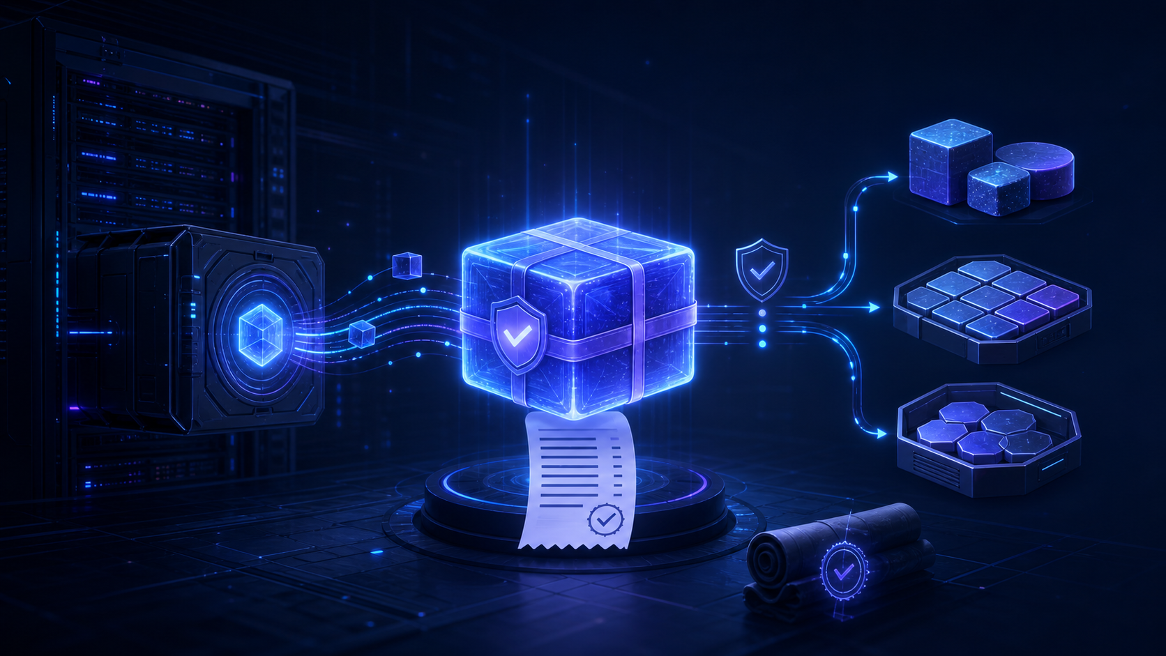 Illustration of a self-hosted Fortémi server packaging a verified knowledge shard with receipts, attachment blobs, and platform checks.